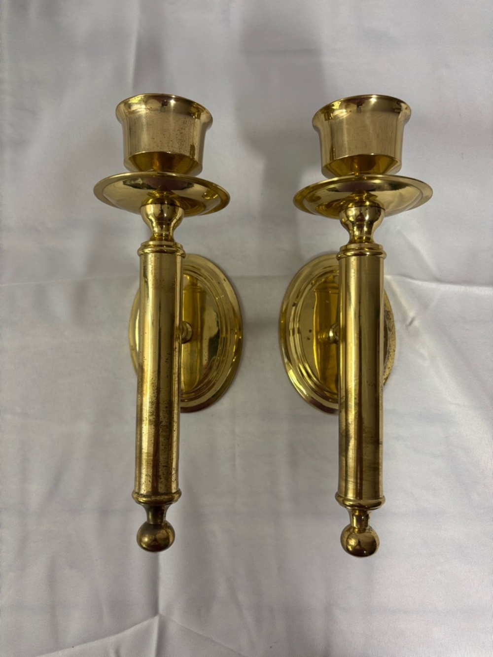 Pair of Vintage Style Lacquered Brass Wall Candle Sconces Taper Holders 10 inch